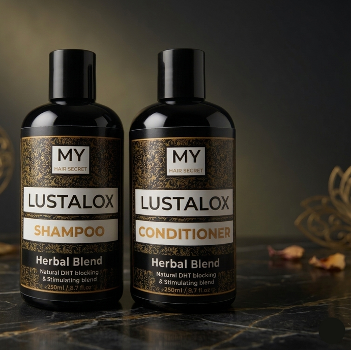 Two bottles of Lustalox Shampoo and Conditioner on a dark surface with a blurred background.