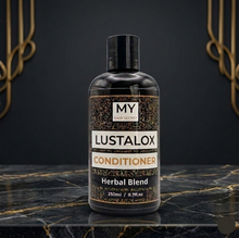 Lustalox Conditioner bottle on a dark marble surface with a dark background